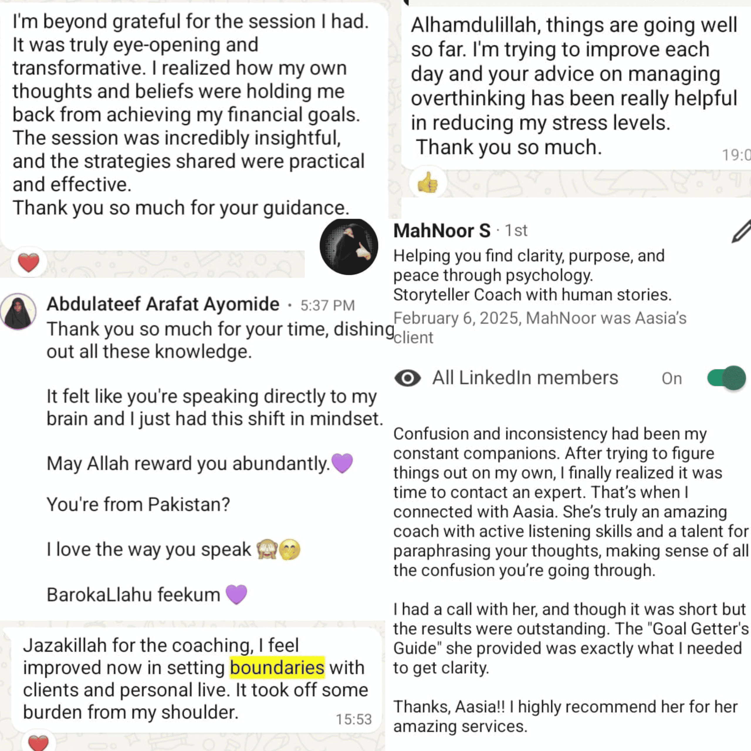 Aasia Bibi's verified review screenshots from LinkedIn