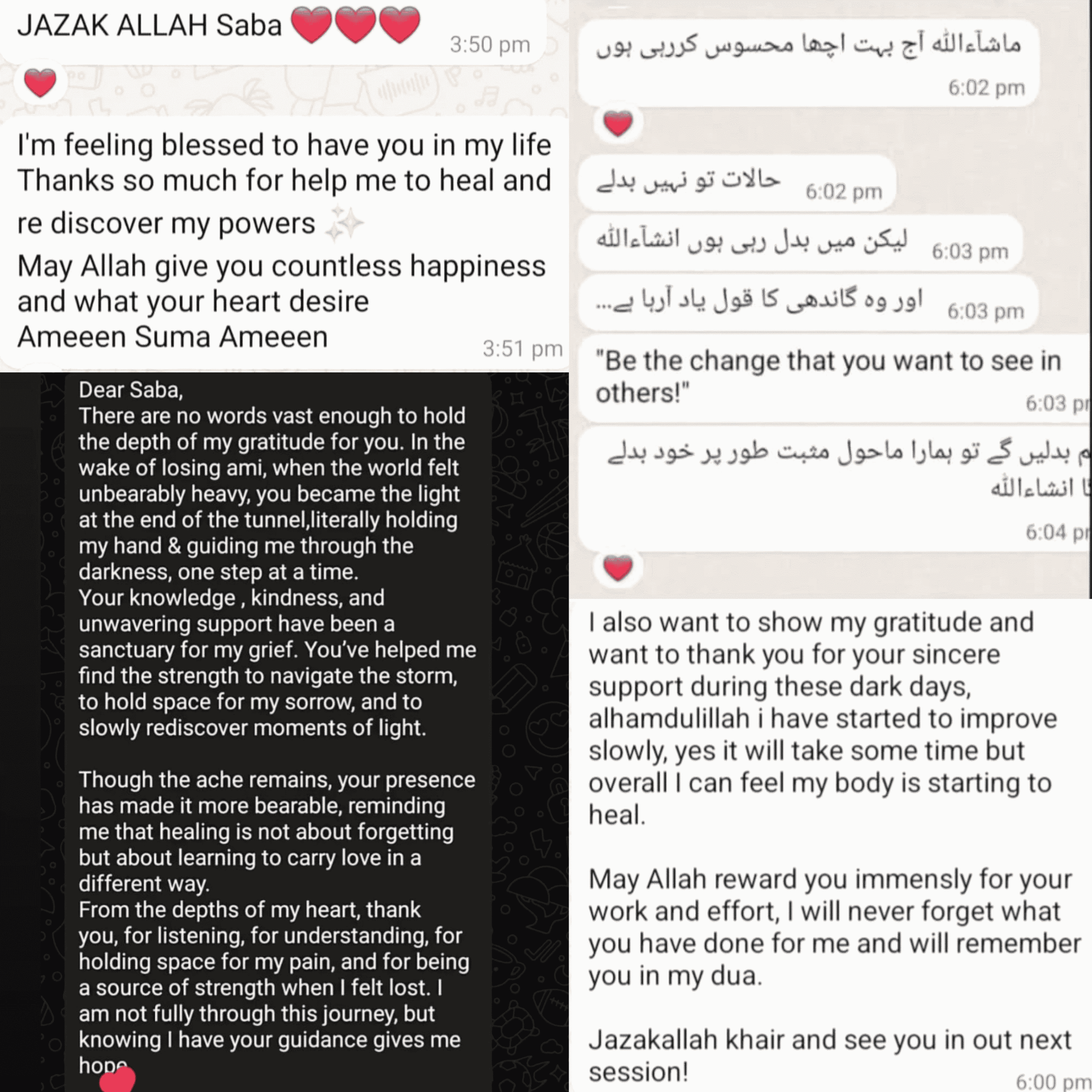 Saba Manzur's collection of testimonial review screenshots from clients